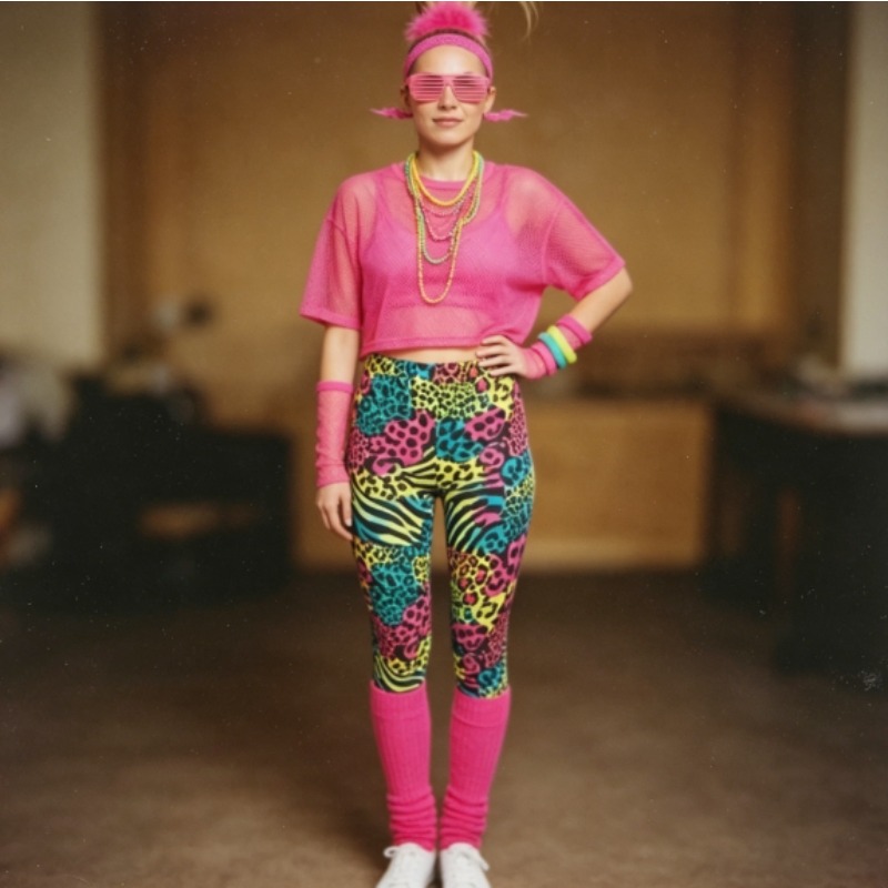 Yoga Fitness Holiday - 1980er Retro-Tanzparty-Outfit: Atmungsaktives Mesh-T-Shirt und Leggings-Kombination